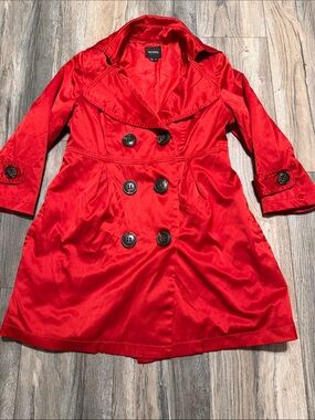 XOXO Vibrant Red Satin Double-Breasted Trench